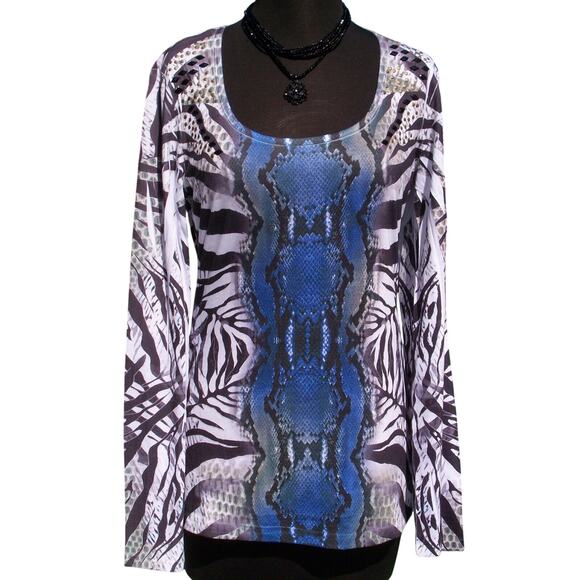 Cache Stretch Embellished Tee Top XS/S Reptile Animal Black Blue White NWT New - Picture 2 of 3